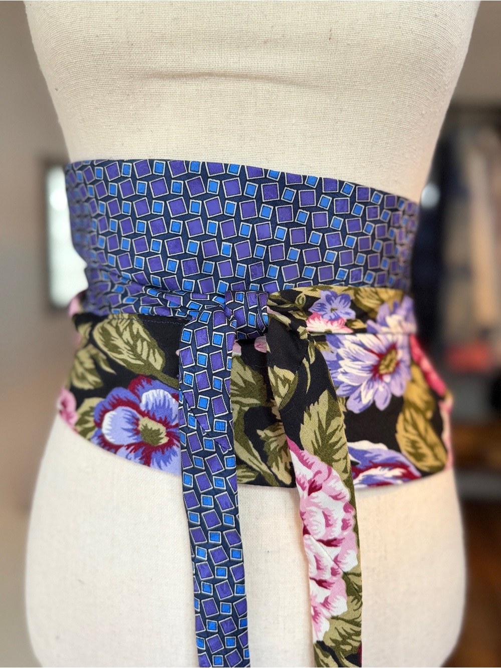Floral & Geometric Waist Tie Belt - Purple and Black